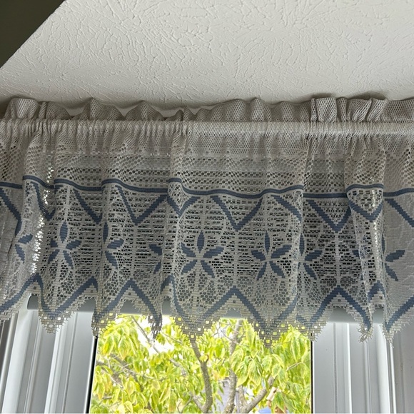 Set of 3 Lace Window Valance with Blue Highlights - Picture 1 of 4